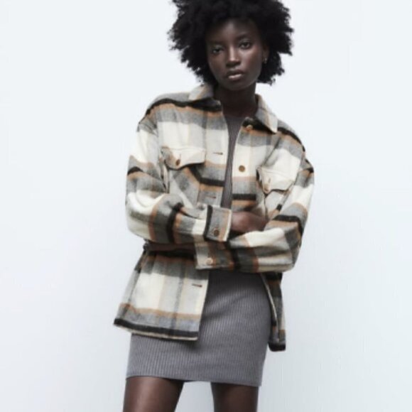 ZARA Beige Plaid Button Down Shacket L - Picture 2 of 7